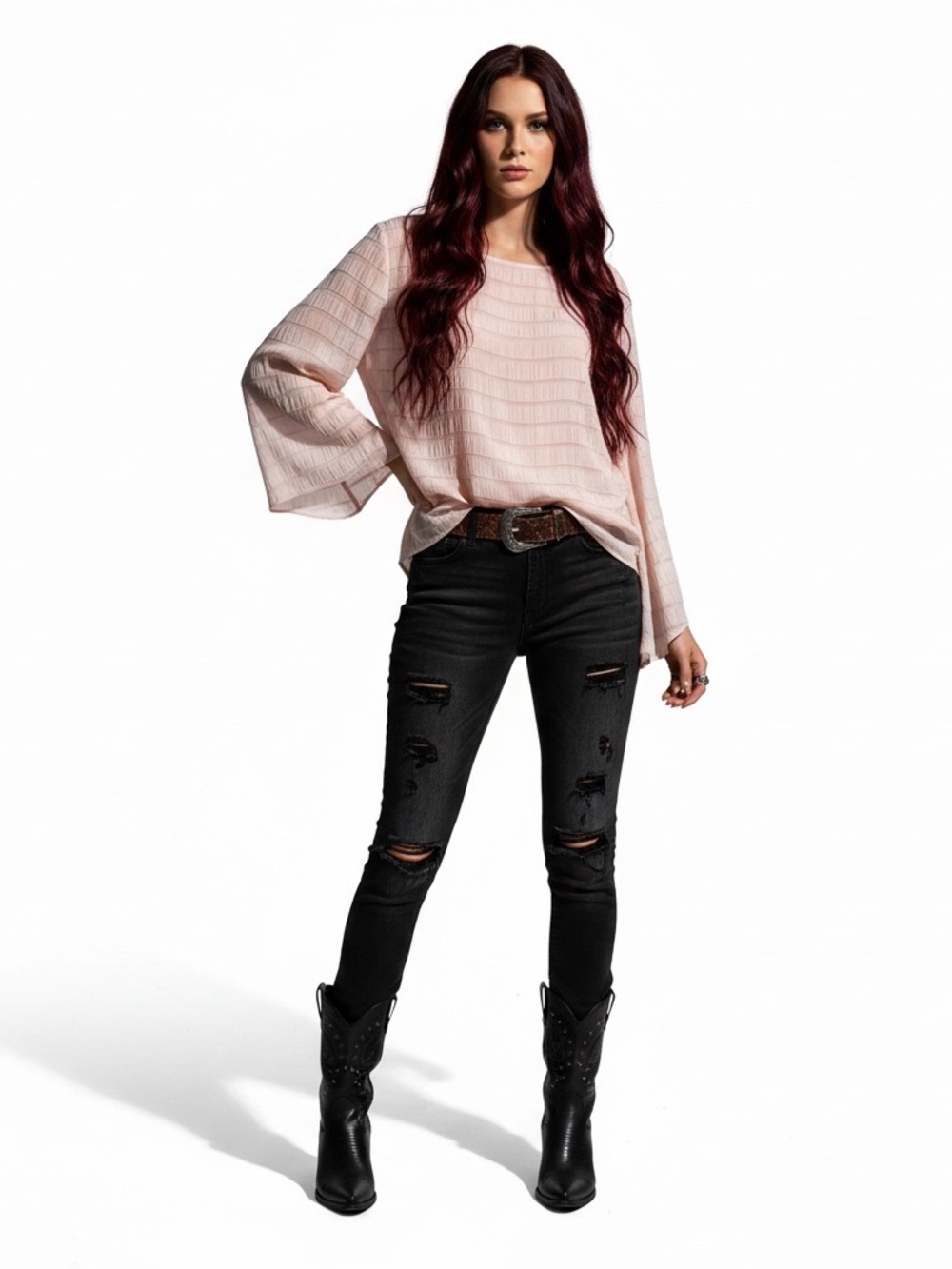 Pink Textured Wide Sleeve Blouse XL